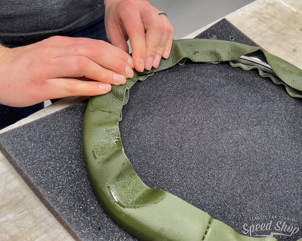 ClassicCarStdio's tweet photo. Laura knocks out
another killer looking steering wheel! This
is a @sparc.industries "Truss" wheel
wrapped in @hydesleather Vision Bosco
leather. #classiccarstudio #sparcindustries
#hydesleather #hogring https://t.co/J4OaUJgR4c