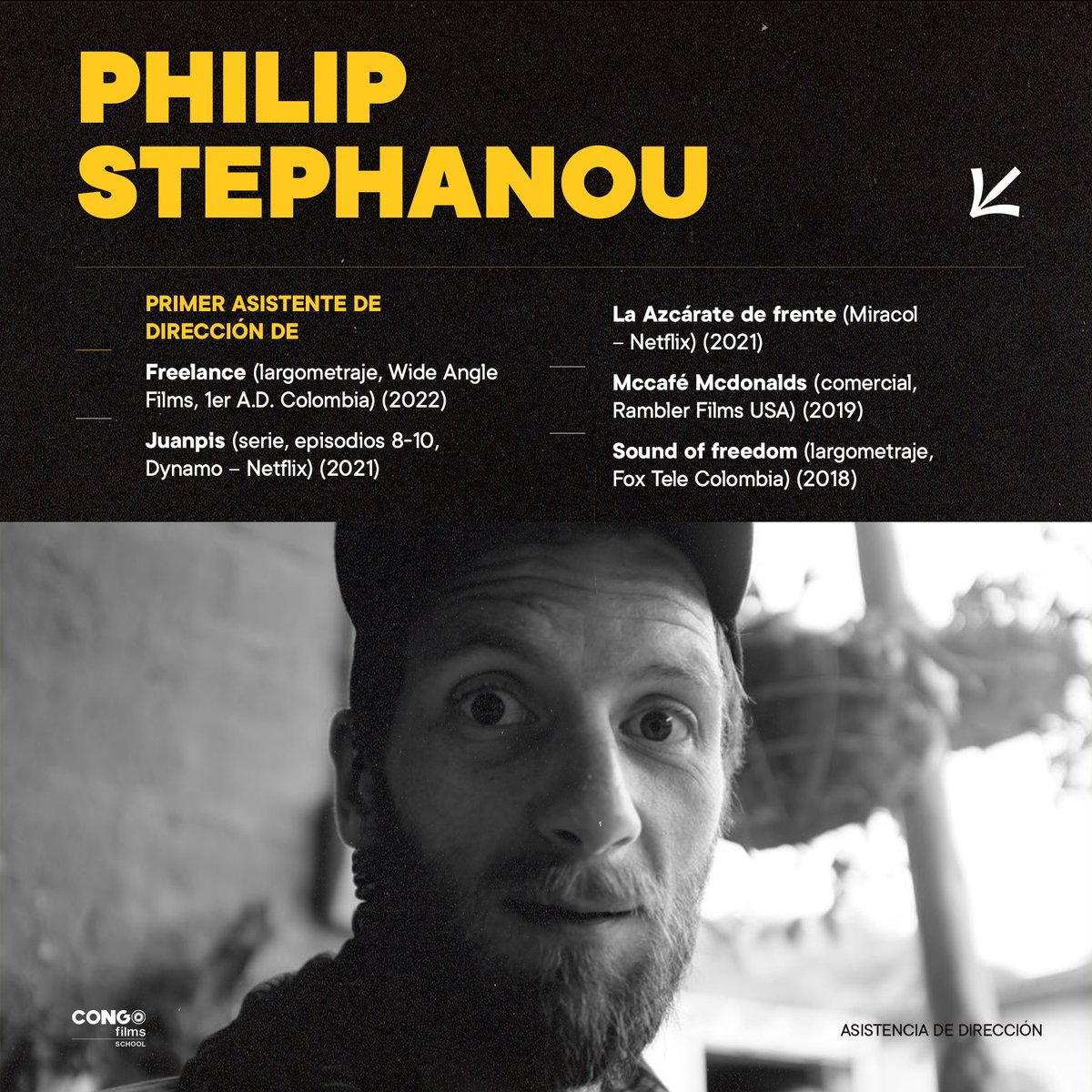 congofilms's tweet photo. Philip Stephanou ha sido Primer Asistente de dirección en producciones nacionales e internacionales de alto nivel, para productoras como Wide Angle Films, Dynamo, Rambler Films USA, Fox Tele Colombia, entre otras.  @AyudantesASCAD https://t.co/buMocXReIj