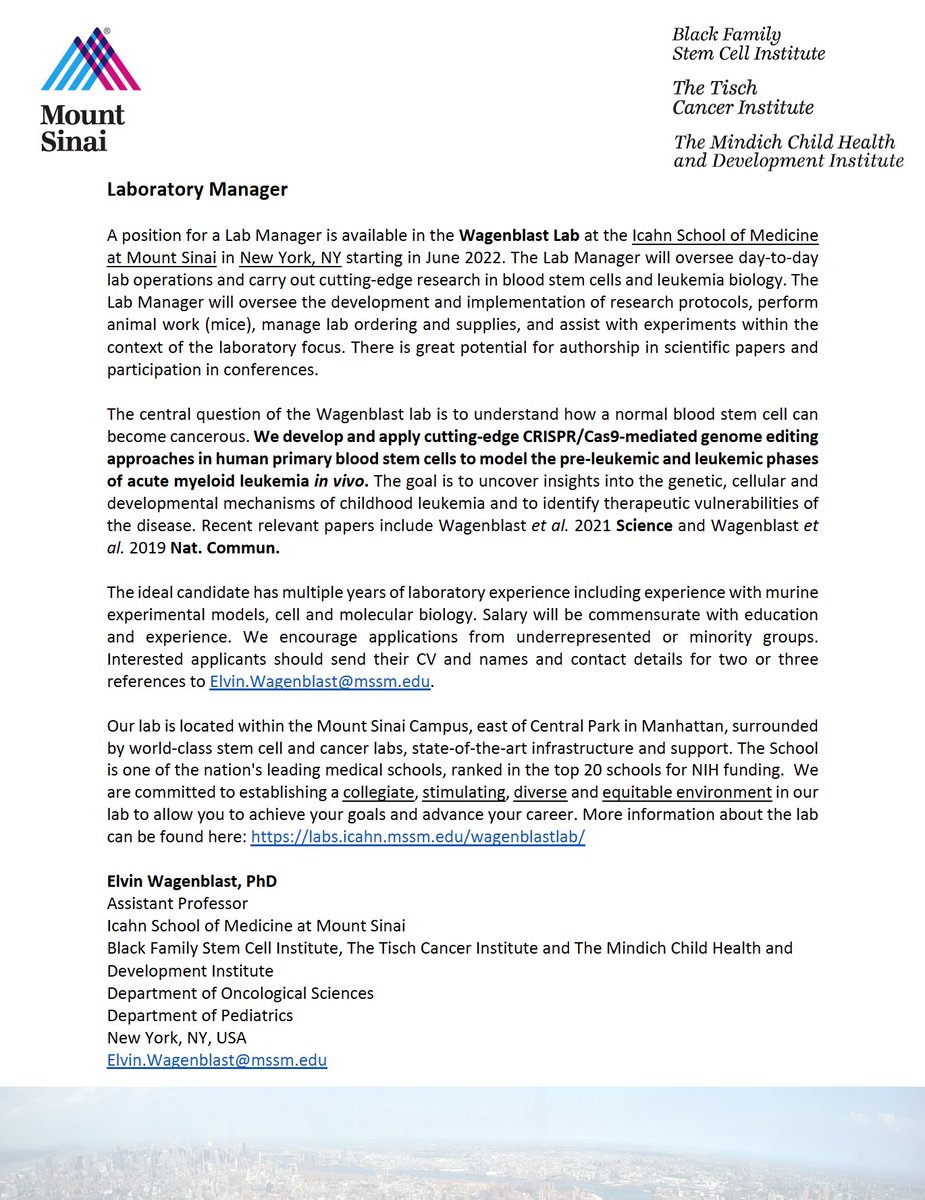 Elvin_Wag's tweet photo. Excited to announce that the Wagenblast Lab will be launching at the Icahn School of Medicine at Mount Sinai in New York City this June! We are hiring at multiple levels (lab manager/lab tech/postdoc). Please see job ads and spread the word! ⬇️ https://t.co/WgdFBtCLu9