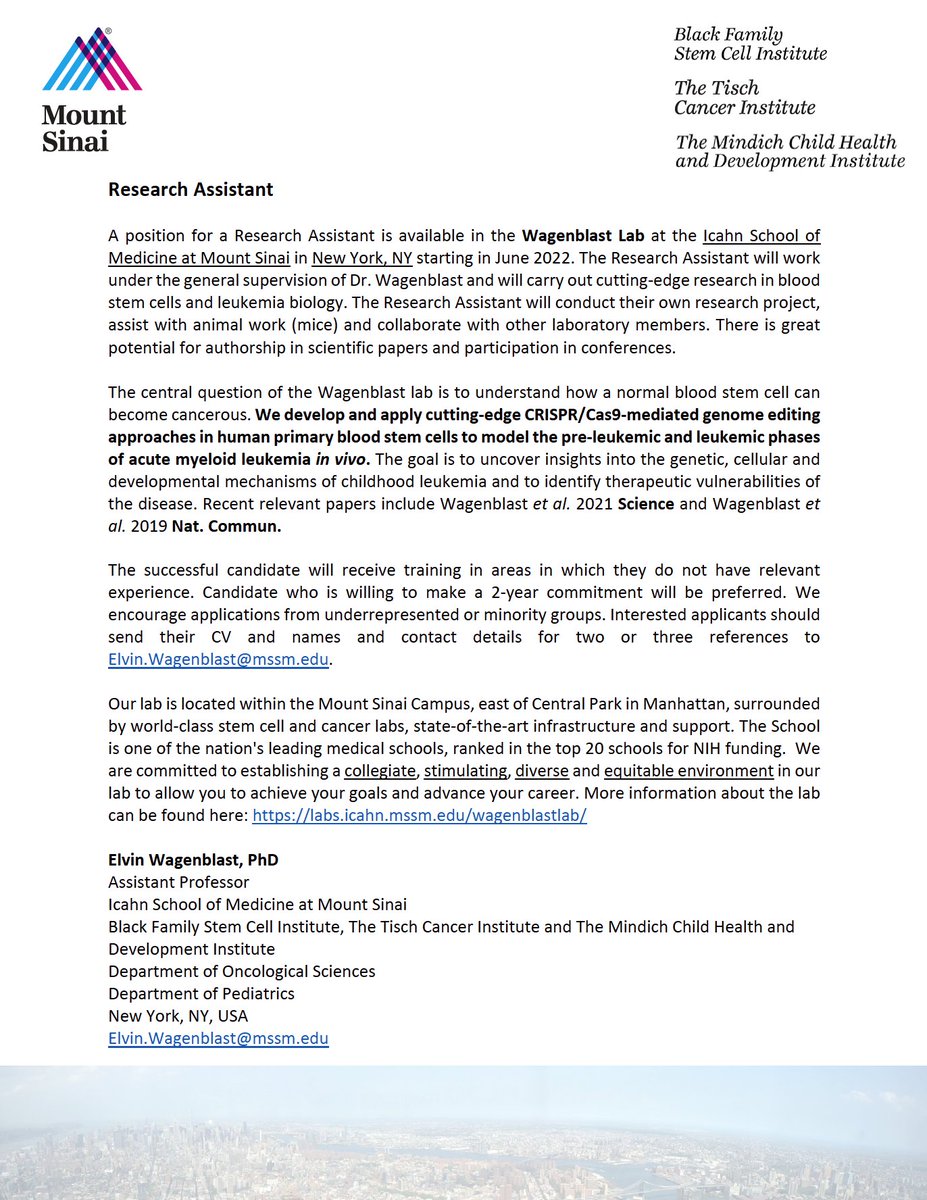 Elvin_Wag's tweet photo. Excited to announce that the Wagenblast Lab will be launching at the Icahn School of Medicine at Mount Sinai in New York City this June! We are hiring at multiple levels (lab manager/lab tech/postdoc). Please see job ads and spread the word! ⬇️ https://t.co/WgdFBtCLu9