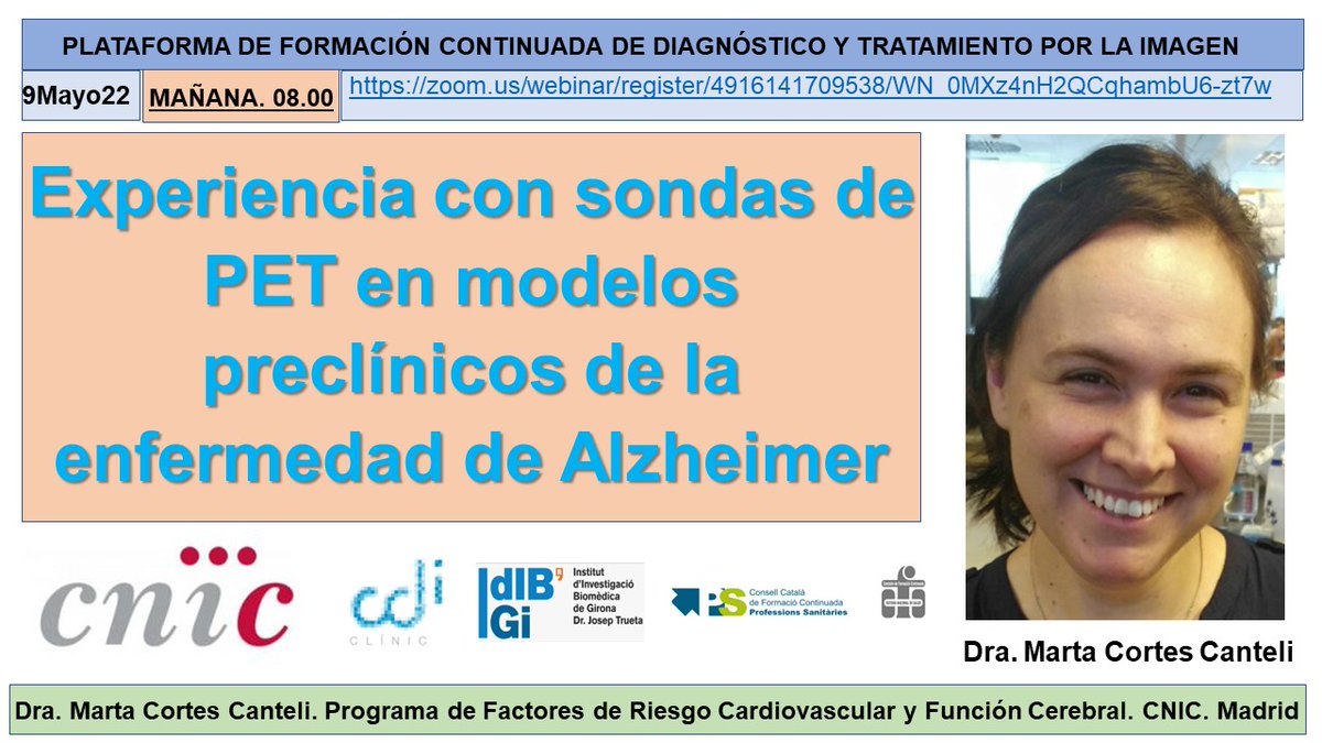 salvasapedraza's tweet photo. Great lecture by Dra Marta Cortes Canteli about “Experience with PET probes in preclinical models of Alzheimer's disease " with moderation from Dr Nerses Nerseyan. @hospitalclinic @CNIC_CARDIO @SEMNIMoficial @SENR_org @seneurologia @idibgi   @AreaHjt @myESR @RSNA https://t.co/dhNFWgNPuq