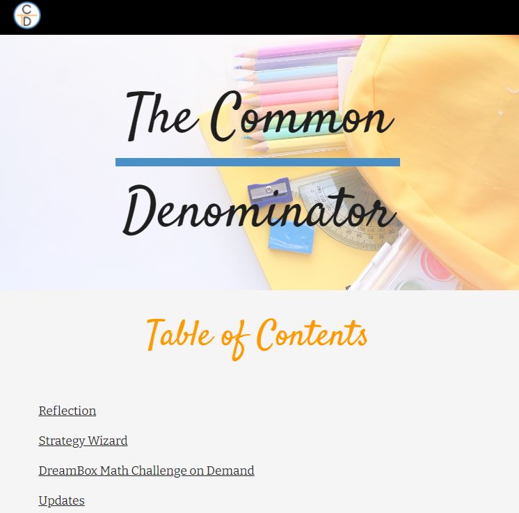 FallonLizGraham's tweet photo. The Common Denominator has been updated. Learn more about reflection practices and take a look at @KamiApp's templates. Next, give @goalbookapp's Strategy Wizard a try. Finally, sign up for @DreamBox_Learn's Math Challenge on Demand. https://t.co/zPnELP0RKb #CPSMath https://t.co/tJsU1H6fZ8