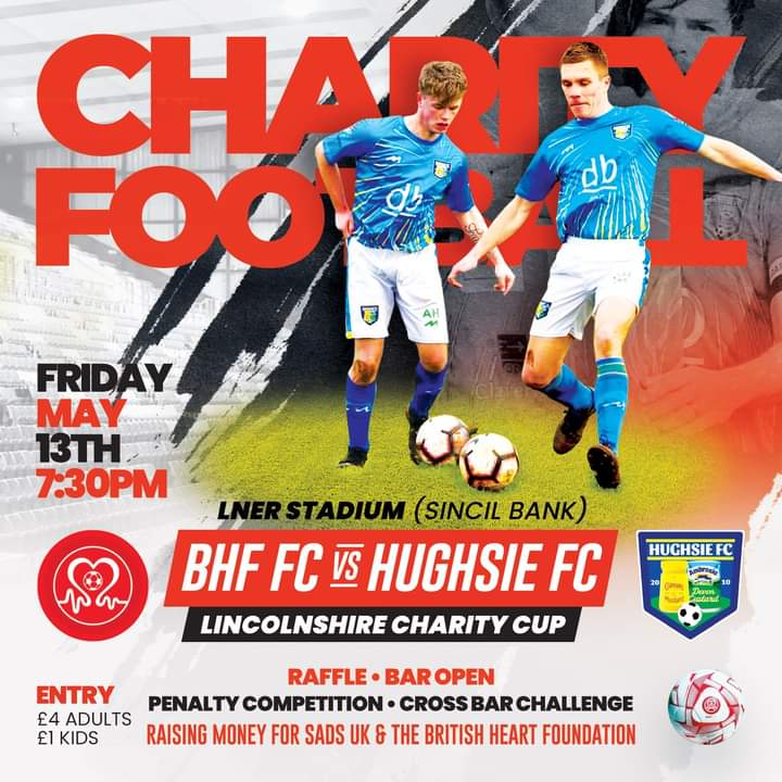 Friday Night under the lights ✨ 

Not long until our next game when we play our friends <a href="/HughsieFC/">Hughsie F.C</a> at <a href="/LincolnCity_FC/">Lincoln City FC 🇺🇦</a> in the Lincolnshire Charity Cup .
📅13th May
⏰ 7 30 pm
Gates open 6pm entry via 200 Club nr Selenity Stand 
🎟 £4 adults  U18s £1

Raising money <a href="/SADSUK/">SADS UK</a>