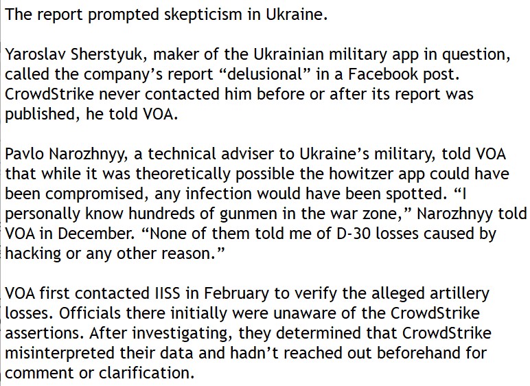 And that the "Fancy Bear" group used the same hacking method to to get into the DNC.The problem is that hacking of the "GIS Arta" app CROWDSTRIKE claimed never happened.The VOA did a takedown here: https://www.voanews.com/a/crowdstrike-comey-russia-hack-dnc-clinton-trump/3776067.html13/