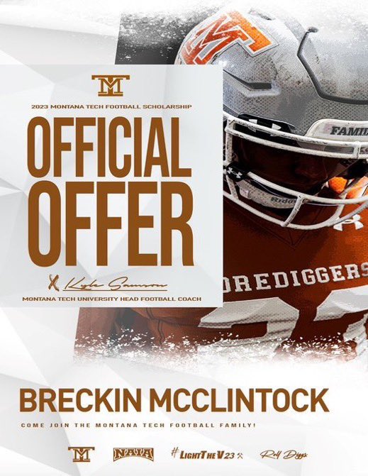 Extremely excited to announce that I have received my first offer from <a href="/MonTechFootball/">Montana Tech Football</a> Thank you! <a href="/CoachKyleSamson/">Kyle Samson</a> @coachdthatcher <a href="/KodyTorgerson/">Coach Kody Torgerson</a> <a href="/MTFBCoachSchlee/">Doug Schleeman</a> 
#Family #CountOnMe #LightTheV23⚒