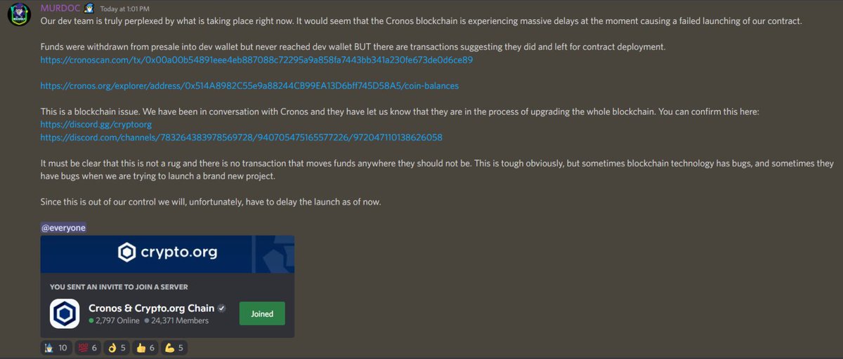 Bit of a delay! Cronos Network is apparently undergoing upgrades at this moment! We will announce a new launch date soon. Most likely within 24-48 hours. 

discordapp.com/channels/96217…
You can view the links to the transactions that are causing grief here!