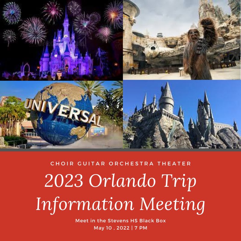 🗣TOMORROW!! Join us in the black box  at 7pm to learn about our Spring 2023 Orlando trip!