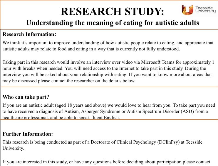 One of our Doctorate in Clinical Psychology students <a href="/sarah_e_page/">Sarah Page</a> is looking for participants for her #research, which aims to understand the meaning of #eating for #autistic adults. See info ⬇️ and please consider taking part
