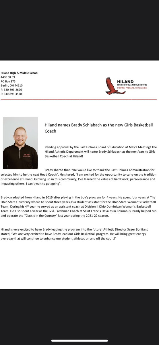 Brady Schlabach is named the next Head Girls Basketball Coach for the Lady Hawks! 

#GoHawks 🦅