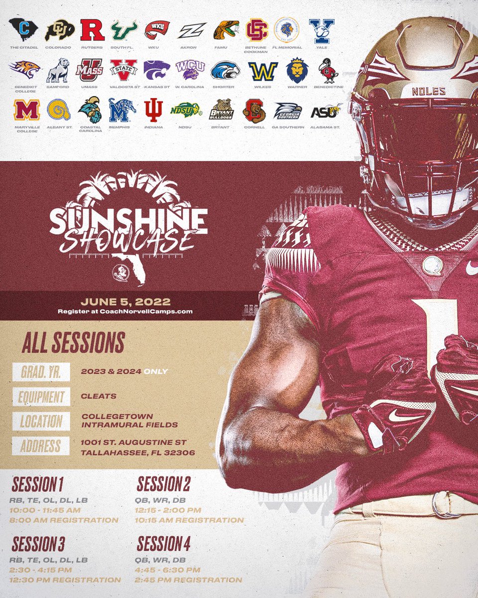 FSUFootball's tweet photo. MEGA Camp keeps growing. Showcase yourself in front of more than 30 college programs in Tallahassee on June 5!!
Register here: https://t.co/xfnT4Ao04A https://t.co/bVUqdCdpDM