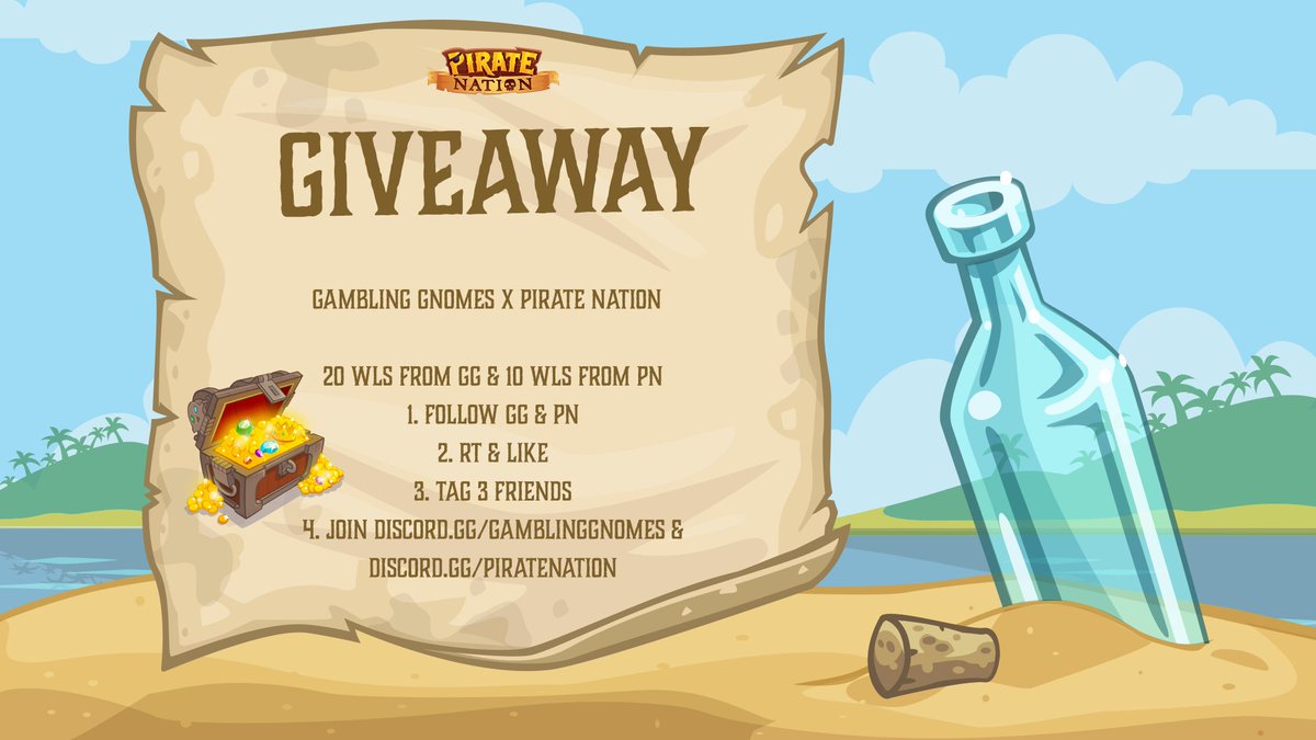 🎰 Gambling Gnomes x Pirate Nation 🦜

🎁 Giveaway Events 🎁

20 WLs from GG &amp; 10 WLs from PN

1. Follow @Gamblinggnomes &amp; <a href="/PirateNationNFT/">Pirate Nation</a>
2. RT &amp; Like
3. Tag 3 friends
4. Join in Discord discord.gg/gamblinggnomes &amp; discord.gg/piratenation