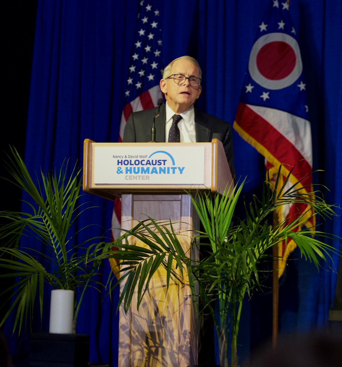 GovMikeDeWine's tweet photo. At the 42nd Annual Governor’s Holocaust Commemoration, we heard from Survivor Conrad Weiner and Liberator Henry Armstrong. I was honored and moved to be able to meet them both and hear about their firsthand experiences during WWII. @cincyhhc @JewishColumbus @jewishcleveland https://t.co/W1jJgOuNzt