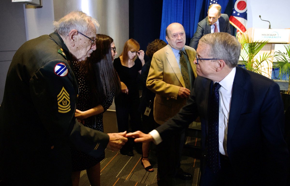 GovMikeDeWine's tweet photo. At the 42nd Annual Governor’s Holocaust Commemoration, we heard from Survivor Conrad Weiner and Liberator Henry Armstrong. I was honored and moved to be able to meet them both and hear about their firsthand experiences during WWII. @cincyhhc @JewishColumbus @jewishcleveland https://t.co/W1jJgOuNzt