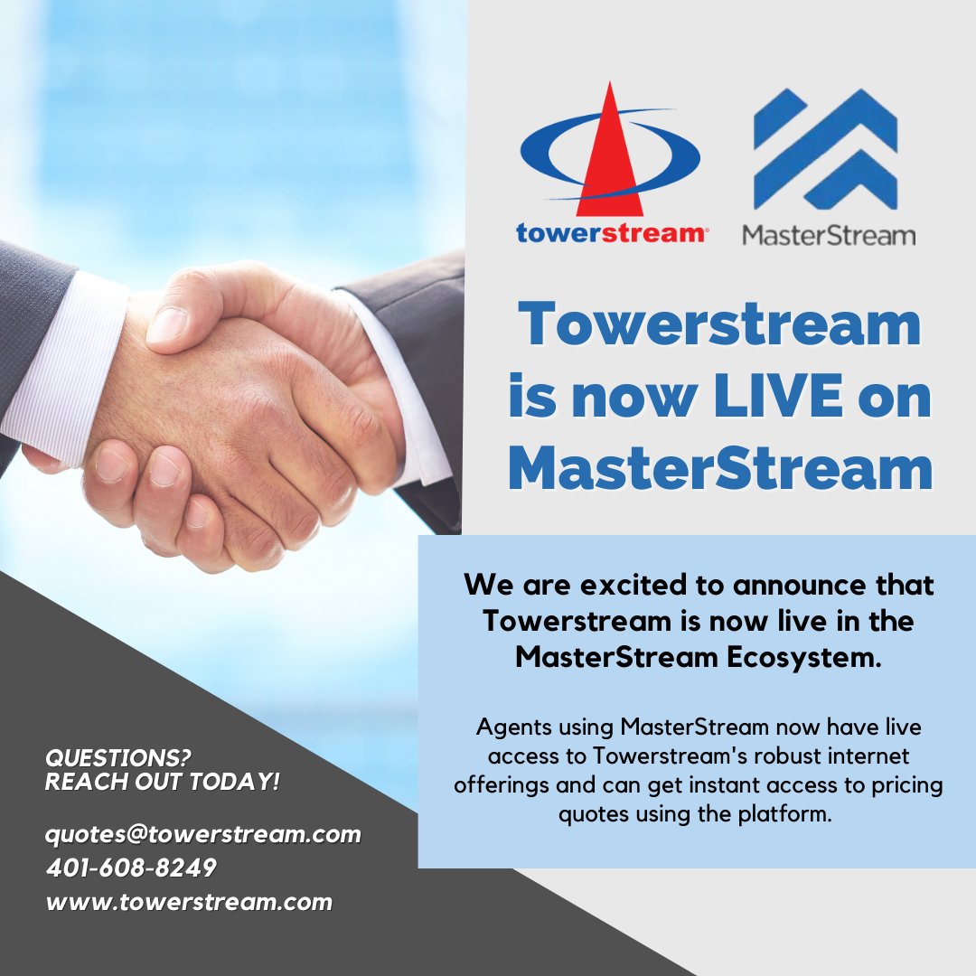 Towerstream's tweet photo. As of today, Towerstream is officially LIVE on @MasterStreamERP ! This partnership demonstrates Towerstream's high level of commitment to our partners, allowing for seamless, instant and competitively-priced quotes. Any questions? Email our team today at quotes@towerstream.com! https://t.co/0qHIn9u5MM