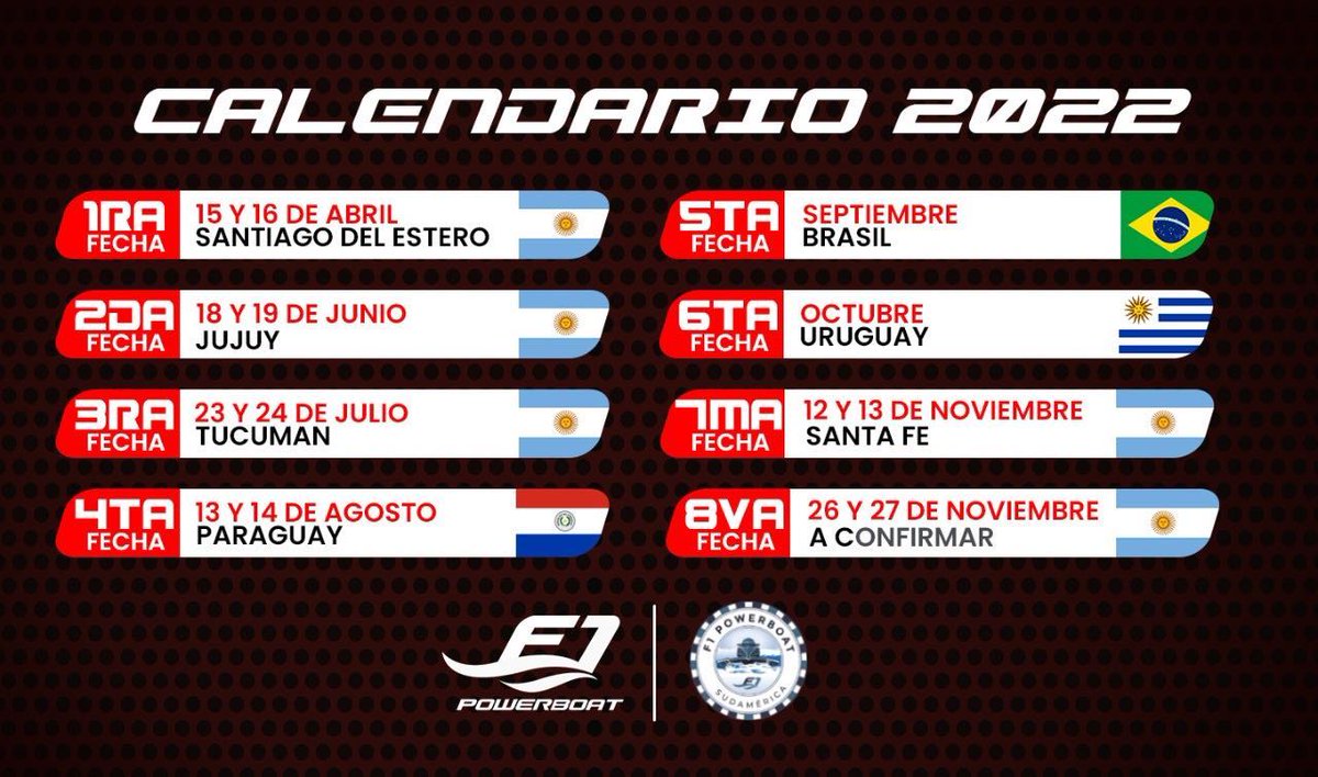 La <a href="/F1Powerboat/">F1 Powerboat</a> presentó su calendario para temporada 2022, el cual contará con ocho fechas y con la novedad de la incorporación de fechas en Uruguay, Brasil y Paraguay.