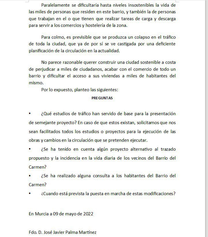 JoseJPalma70's tweet photo. He presentado pregunta al Sr. Alcalde del Ayuntamiento de Murcia, acerca de cómo afecta el anunciado Plan de Movilidad, al comercio y la vida en el Barrio del Carmen y al tráfico del resto de la ciudad. https://t.co/44kHikQBtk