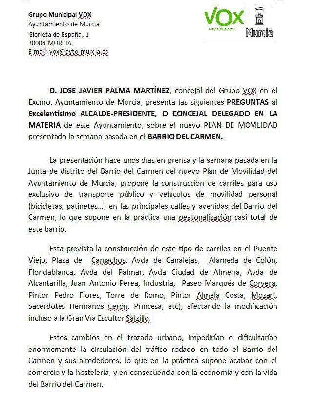JoseJPalma70's tweet photo. He presentado pregunta al Sr. Alcalde del Ayuntamiento de Murcia, acerca de cómo afecta el anunciado Plan de Movilidad, al comercio y la vida en el Barrio del Carmen y al tráfico del resto de la ciudad. https://t.co/44kHikQBtk