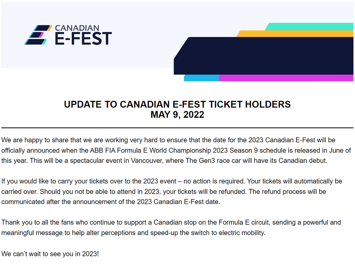 EPrixVancouver's tweet photo. Since @Canadianefest isn't tweeting this out, we will. Here is the latest update for #VancouverePrix and #CanadianEFest ticket holders: https://t.co/0jdowvtMhw
