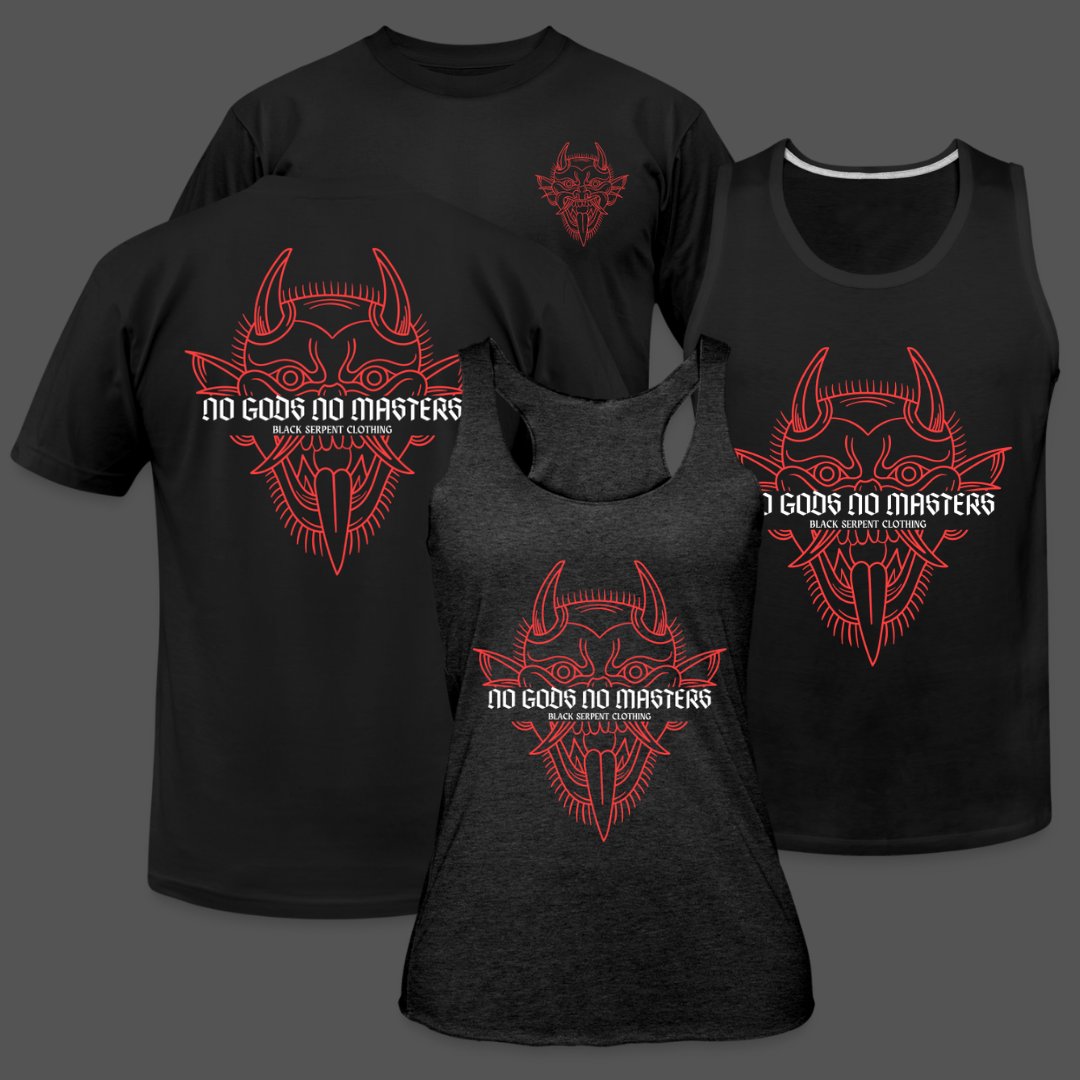 BlackSerpentCo's tweet photo. Surprise drop.

NO GODS, NO MASTERS. 
Tees and tanks available NOW.

https://t.co/Tg4fiSs4W4 https://t.co/RteCncKxM1