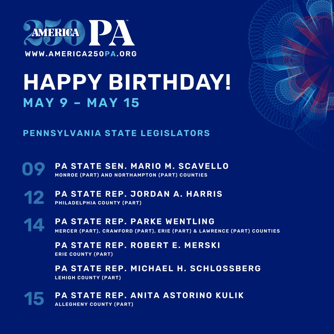 America250_PA's tweet photo. • @senatorscavello | #MonroeCo & #NorthamptonCo
• @RepHarris | Philadelphia County
• Rep. Parke Wentling | #MercerCo, #CrawfordCo, #ErieCo & #LawrenceCo
• Rep. @BobMerski | Erie County
• @RepSchlossberg | #LehighCo
• @RepKulik | #AlleghenyCo (3/3) https://t.co/79bLYSNMCs