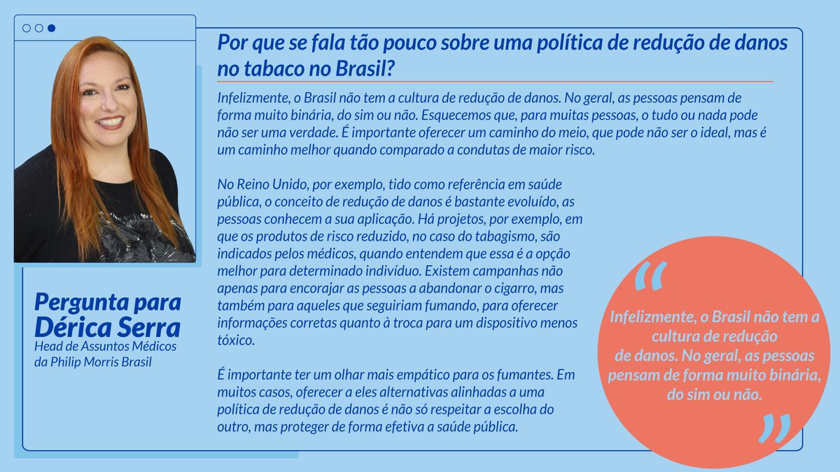 PhilipMorris_BR's tweet photo. Dérica Serra, médica Head de Medical Affairs da PMB, fala sobre a política de redução de danos no Brasil. 🌎 ✖️ 💨 #pmiscience #futurosemfumaça https://t.co/NQzPKLZlai