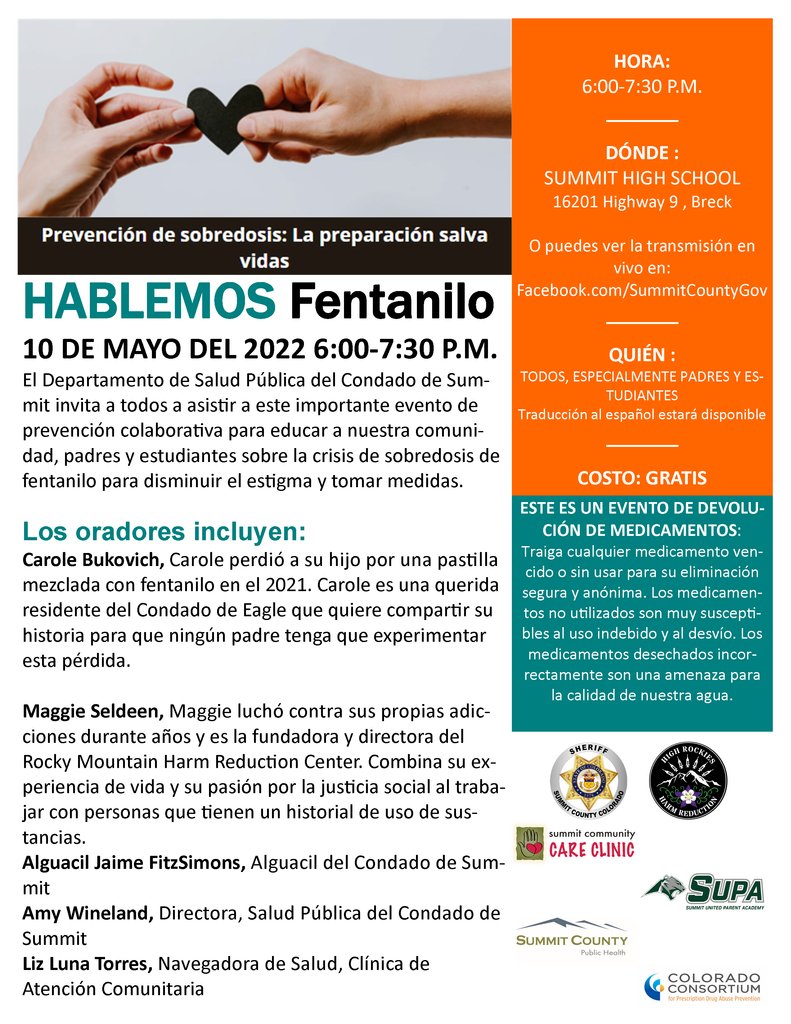 summitk12's tweet photo. Join Summit County Public Health tomorrow, May 10th from 6-7:30 pm for "Let's Talk Fentanyl". This free event is open to everyone, especially parents and students, and will be held at Summit High School. https://t.co/hzCYPL1woa
