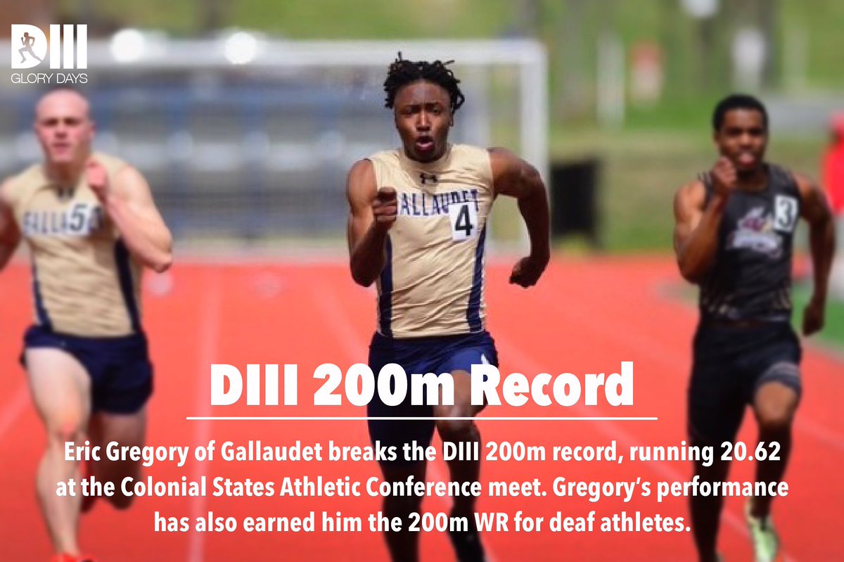 D3GloryDays's tweet photo. Congrats to Eric Gregory for breaking the D3 200m record! 

His time of 20.62 is the new World Deaf Record

📸: @GallaudetBison #GUBison https://t.co/kJwzBkNOSo