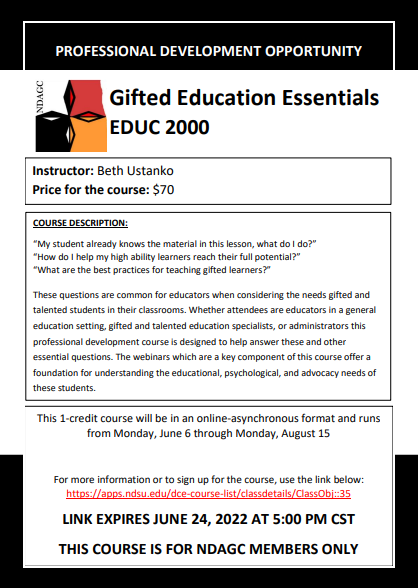 DakotaGifted's tweet photo. This asynchronous summer professional development opportunity is for all educators. To learn more and register visit NDSU's Distance and Continuing Education website: https://t.co/cu4qAEzW4c https://t.co/xtcBXzexlW