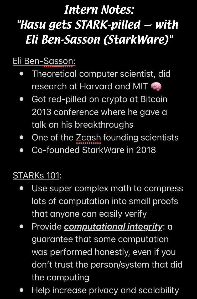 intern's tweet photo. Intern notes from “Hasu gets STARK-pilled” podcast with @StarkWareLtd co-founder Eli Ben-Sasson on:

- zk-STARKs 🕵️‍♂️
- Starknet ☁️
- Scaling Ethereum 🌐

And more!

@hasufl <> @EliBenSasson https://t.co/JD7fCEJZhm
