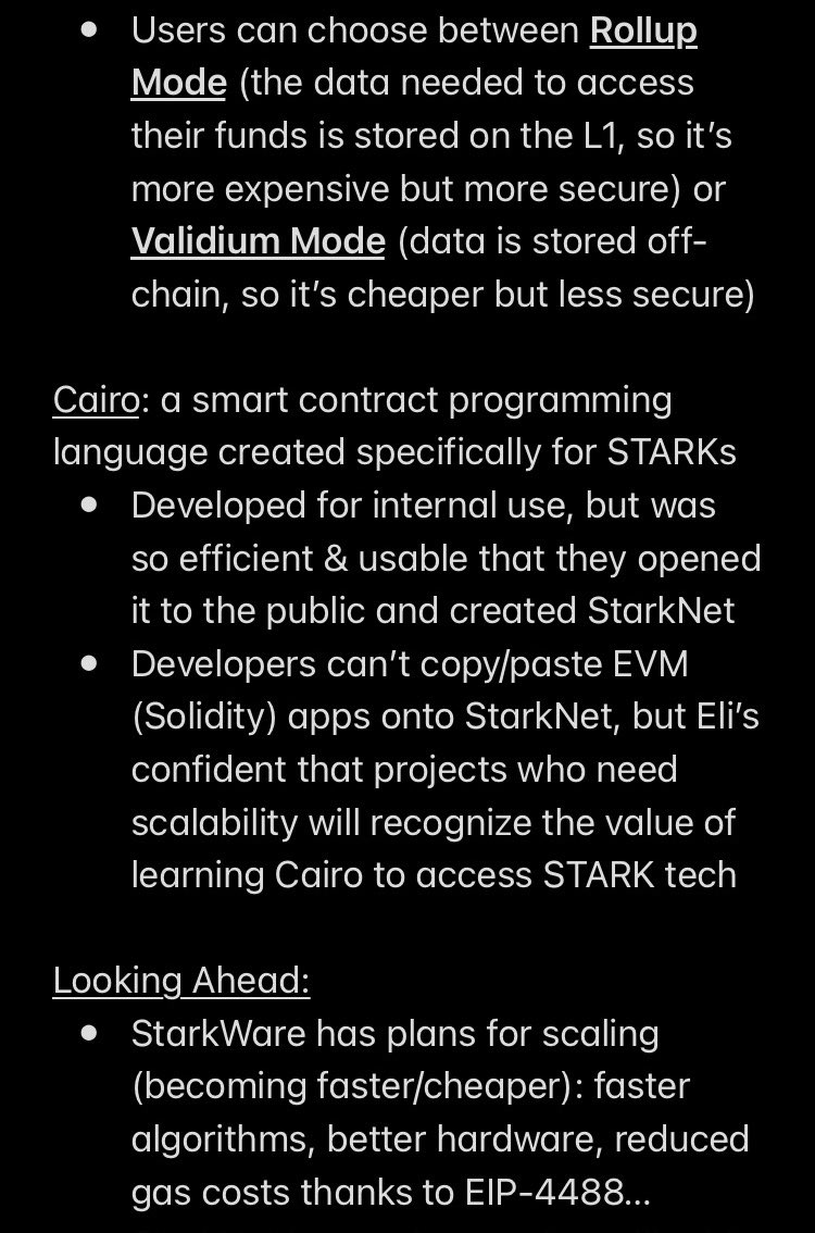 intern's tweet photo. Intern notes from “Hasu gets STARK-pilled” podcast with @StarkWareLtd co-founder Eli Ben-Sasson on:

- zk-STARKs 🕵️‍♂️
- Starknet ☁️
- Scaling Ethereum 🌐

And more!

@hasufl <> @EliBenSasson https://t.co/JD7fCEJZhm