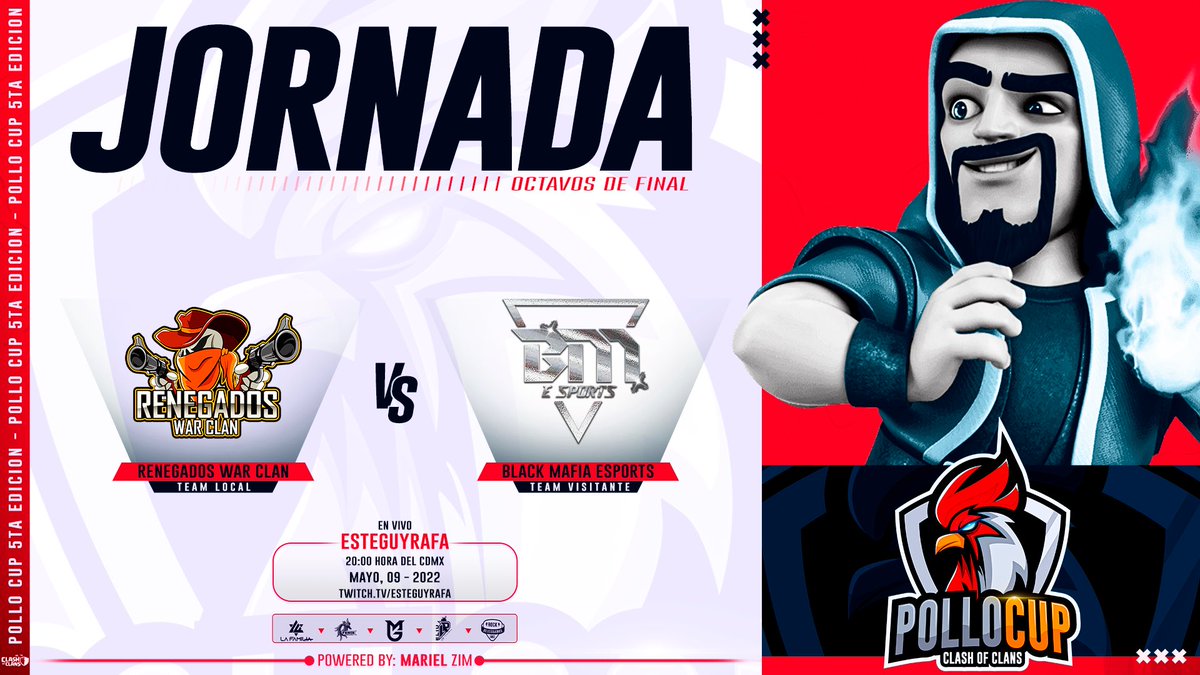 8vos de Final🙌 Está noche🔥
CÁMARAS 🎥 ACTIVADAS 

@RenegadosCocMex 🆚 #BlackMafia 
⏰8pm🇲🇽🇨🇴10 pm🇧🇷🇦🇷
Quien pasará?? 
Stream by 
twitch.tv/esteguyrafa
twitch.tv/marielzim
facebook.com/MarielZim