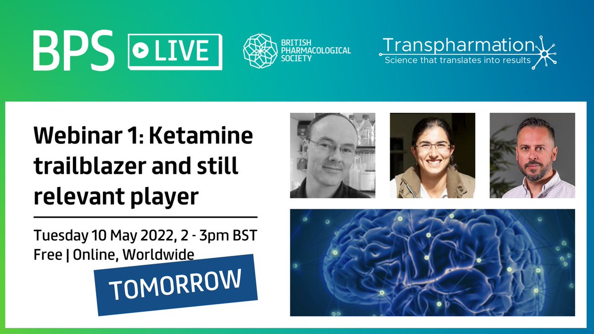 BritPharmSoc's tweet photo. Have you booked your free ticket to tomorrow's #BPSLIVE webinar: #Ketamine trailblazer and still relevant player?

Speakers:
- Dr Sandor Kantor @TranspharmLtd
- Prof Declan McLoughlin @TCINeuroscience
- Prof Emma Robinson @UoBrisPPN

Register now: https://t.co/8PQAxwnsv1 https://t.co/SAv5lACAed