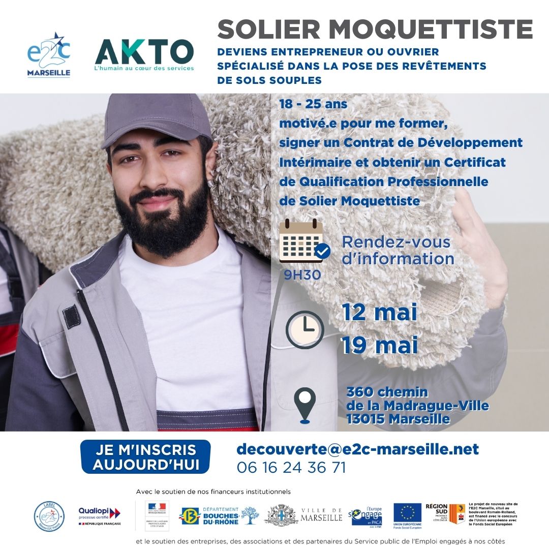 e2cmarseille's tweet photo. Tu veux intégrer la filière SOLIER MOQUETTISTE ? Le prochain rendez-vous d'infos est le jeudi 12 mai 2022 à 9h30 au campus de Saint-Louis ! 📅
Tu es intéressé.e ? N'attends plus et contacte-nous : decouverte @e2c-marseille.net 📧
.
@AKTO_OPCO
.
#solier #moquettiste #E2C https://t.co/Rk8gRBdbzJ