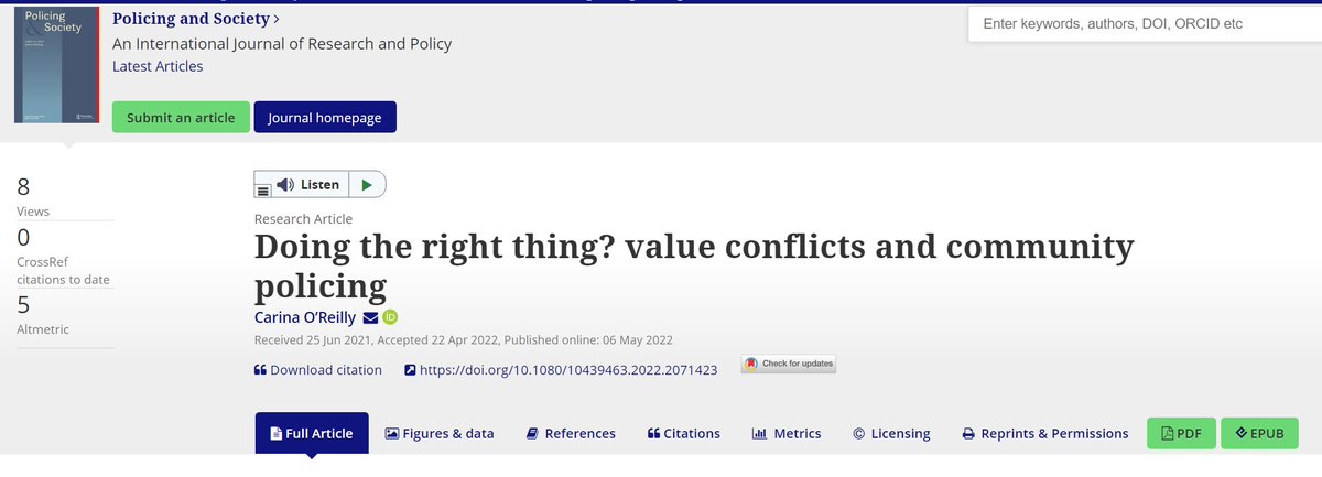 Congratulations to our Academic Editor Dr <a href="/carinaoreilly/">Carina O'Reilly 🇺🇦</a> who has had her research on neighbourhood policing published in Policing &amp; Society academic journal tandfonline.com/doi/full/10.10…