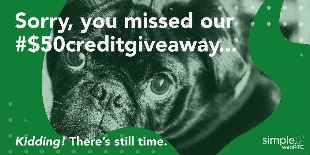 simplewebrtc's tweet photo. Sorry. You missed our #$50creditgiveaway to ANY #SimpleWebRTC plan for 5 different #webdevelopment enthusiasts… Kidding! There’s still time. The contest closes tonight at 11:59 EST. Just like our original post from May 9th and follow our account to enter before it IS too late. https://t.co/GZbMrW1j1q