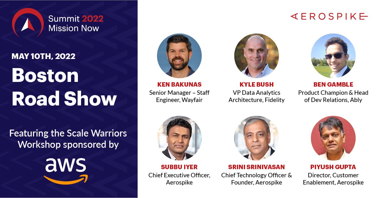 aerospikedb's tweet photo. Tomorrow Aerospike's Summit 2022: Roadshow in Boston will feature a Scale Warriors Workshop sponsored by @AWS_Partners as well as @Wayfair, @Fidelity, @ablyrealtime and more. Join us in Boston on May 10th, register now! https://t.co/JuBX1vORzJ #Realtime #Roadshow #MissionNow https://t.co/YfZ3NugTeY
