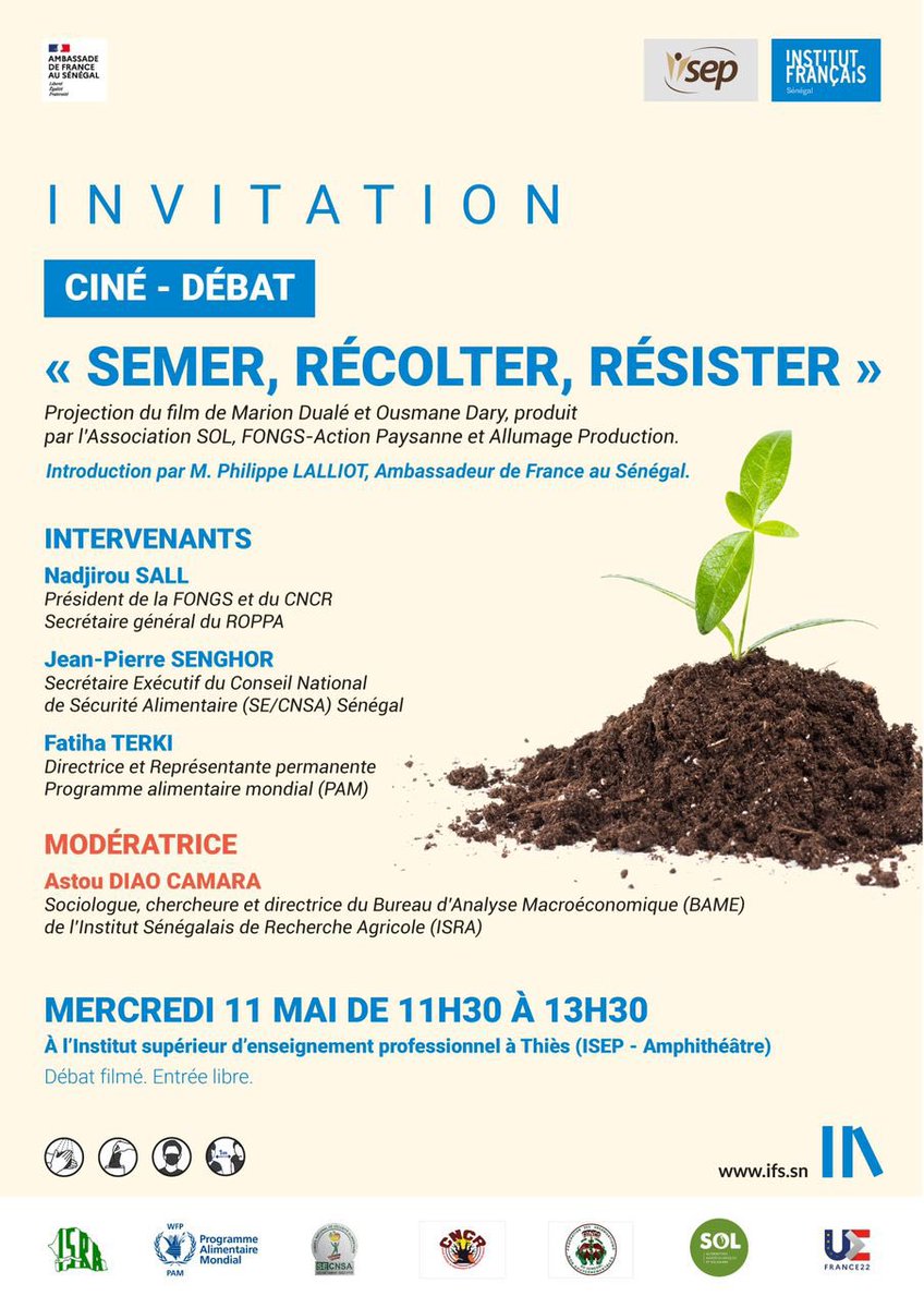 🎥 Ciné débat autour du documentaire « Semer, récolter, résister » par SOL et la <a href="/FONGSAP/">FONGS/Action-Paysanne</a>, organisé par l’ambassade de France

📅 Le 11 mai de 11h30 à 13h30, à l’Institut supérieur d’enseignement professionnel à Thiès, au Sénégal

🎬 Le documentaire ici 👉 bit.ly/3kfDMty