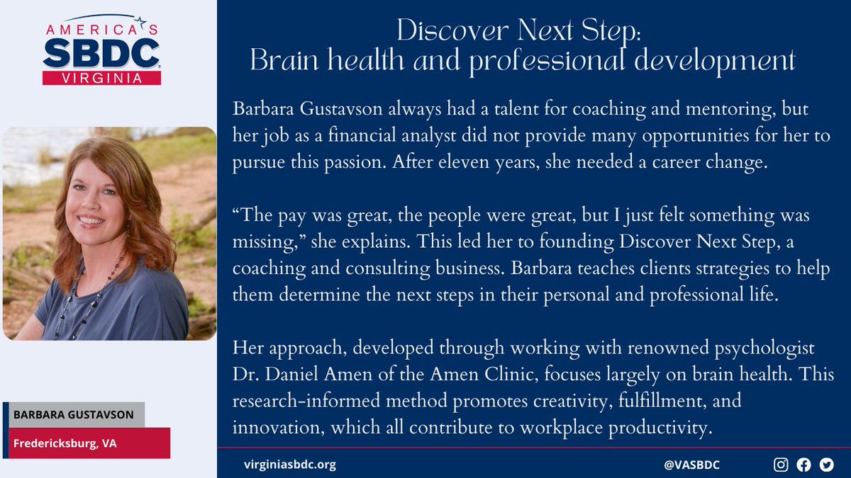 virginiasbdc's tweet photo. Barbara Gustavson had a talent for coaching &amp; mentoring, but her job as a financial analyst did not allow her to pursue this passion. After eleven years, @BVGustavson needed a career change.

Read More ▶️https://t.co/7zX4rws9wT
Discover Next Step ▶️https://t.co/Y6iPjcxdSm https://t.co/oPhDc9QLsw