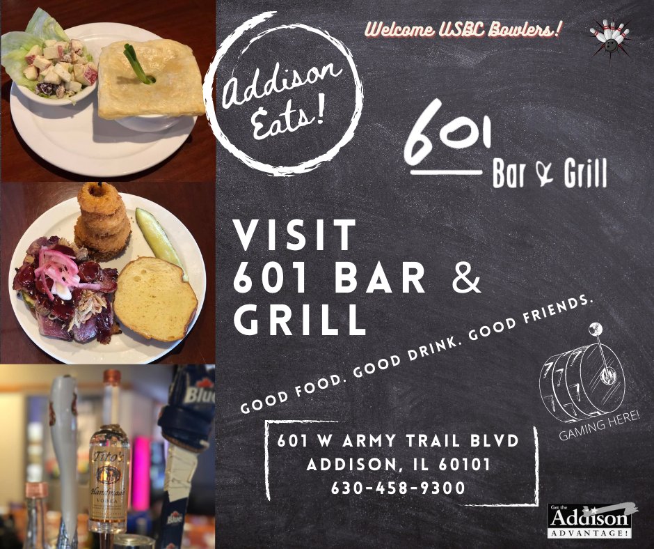 AddisonVillage's tweet photo. One of Addison's best kept secrets is 601 Bar & Grill! Mouth watering burgers, salads, wings and so much more, all in a casual sports bar atmosphere. Just a 5 minute drive from the #USBC tournament. #AddisonEats https://t.co/tEmBkHYElM