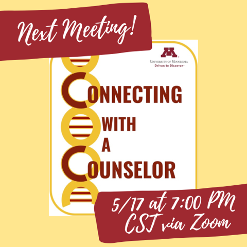 UMNGC's tweet photo. 🧬🧬🧬The next meeting of the "Connecting with a Counselor" Series will be taking place on Tuesday May 17th from 7-8pm Central. During this session, we will be watching the Master Genetic Counselor Series, a simulation of GC sessions. sign up: https://t.co/d0Q0kTGvrZ. https://t.co/m7b08AMOiK