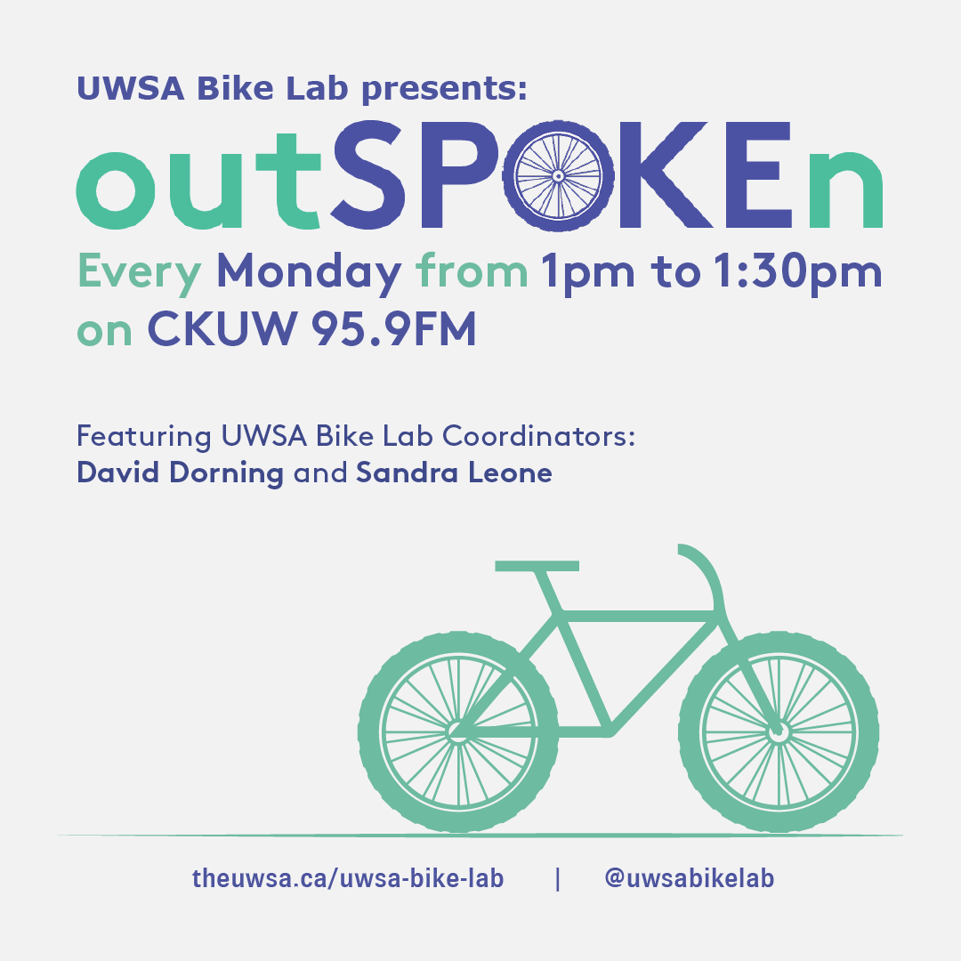 UWSABikeLab's tweet photo. Join us at 1:00pm on @ckuw 95.9 FM for our weekly radio show OutSPOKEn ft. Bike Lab Coordinators Dave Dorning and Sandra Leone! https://t.co/rE5U3P0C4M