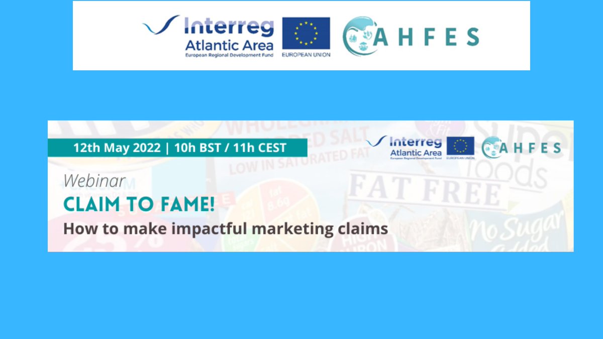 AhfesProject's tweet photo. Join the #AHFES webinar on How to make impactful marketing claims for your healthy food and drink products and stay within the law. Thursday 12th May 2022 
Time: 10h BST / 11h CEST. Register here : https://t.co/KtAIODQAyx…
#AtlanticArea #Interreg #MadeWithInterreg #WeareAtlantic https://t.co/fu4aE5hLYo