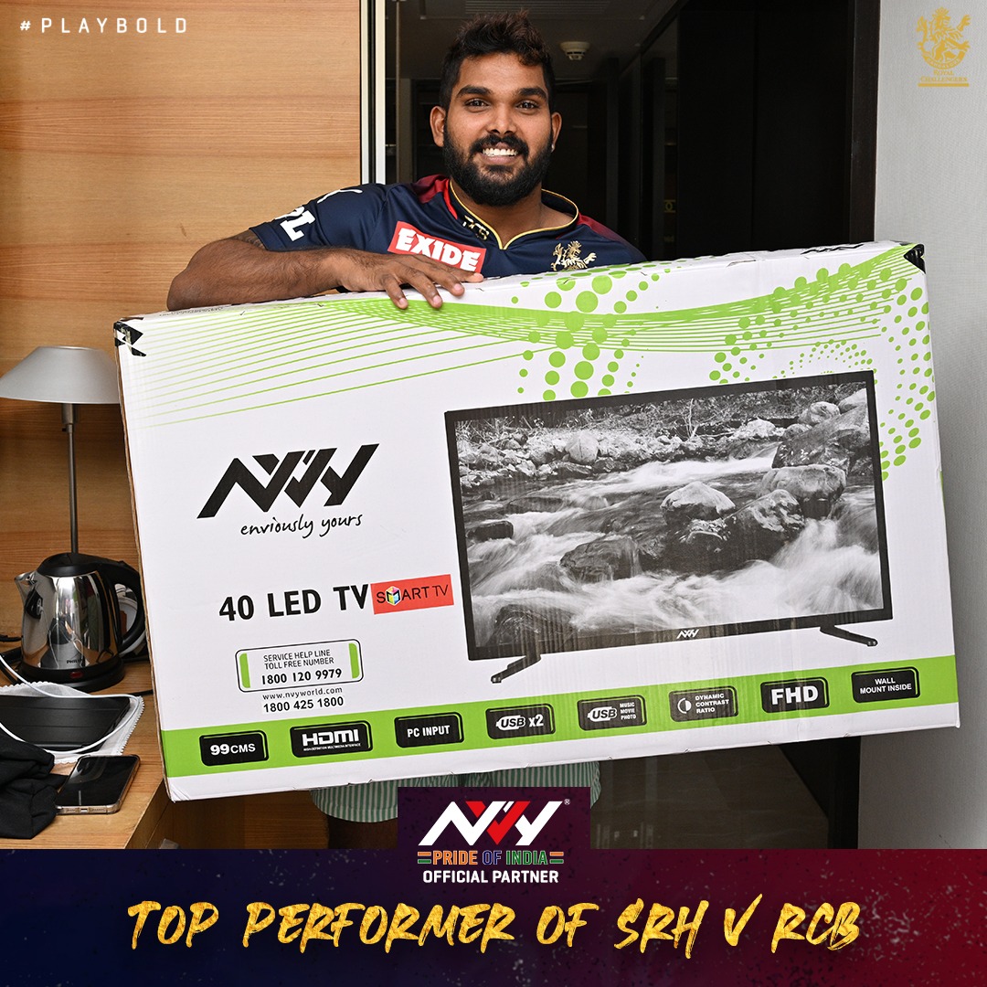 RCBTweets's tweet photo. For registering his career best figures of 5️⃣/1️⃣8️⃣(4) and helping us to massive 6️⃣7️⃣ run win, @Wanindu49 is the NVY Top Performer for #SRHvRCB. 👏🏻👏🏻

#PlayBold #WeAreChallengers #IPL2022  #Mission2022 #RCB  #ನಮ್ಮRCB https://t.co/Fzzpl6dKZK