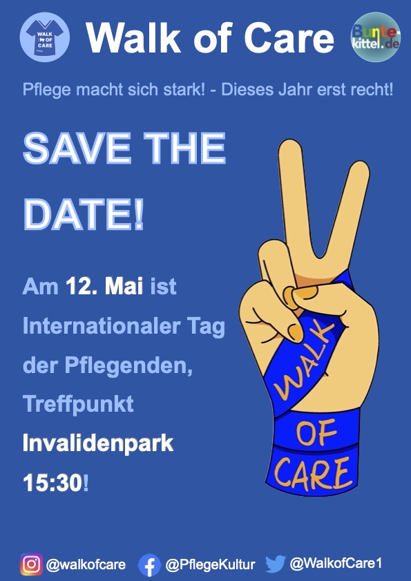 Am Donnerstag ist internationaler Tag der Pflegenden! 
Kommt zum Walk of Care und kämpft mit für bessere Arbeits- und Ausbildungsbedingungen in der Pflege! 
Die Pflege macht sich stark für eine #CareRevolution ✊
#b1205
⏰12.05. 15:30h
📍Invalidenpark
