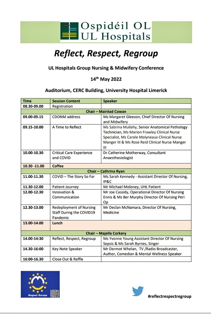 MagnetULHG's tweet photo. "Reflect, Respect, Regroup"

So excited for @ULHospitals Nursing &amp; Midwifery Conference this Saturday 14th May 🎉
@cdonmmgt1
Special guest Comedian, Radio/TV, @TodayFM Meditation teacher 🧘‍♂️ No.1 best selling author 📚 @DermotTodayFM 
#reflectrespectregroup
DM for link to register https://t.co/RpQEdrdCoj
