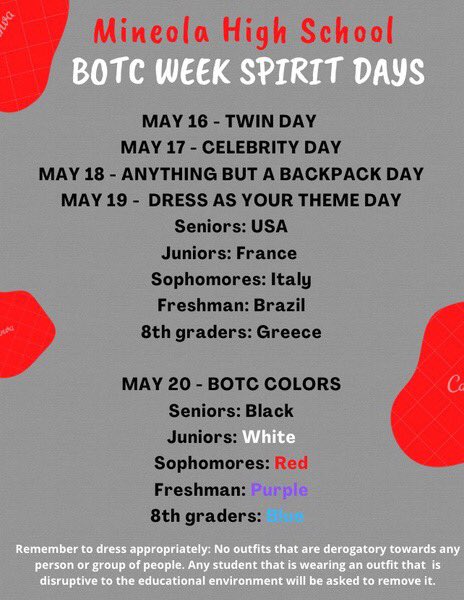 Next week is BOTC22 Spirit Week <a href="/mineolahs/">Mineola High School</a> Can’t wait to see your school spirit. 🔴⚫️⚪️🐎 <a href="/MineolaHS2024/">Class of 2024</a> @MineolaHS2022 <a href="/MineolaHS2023/">Class of 2023</a> <a href="/MHSClassOf2025/">MHS Class of 2025</a>