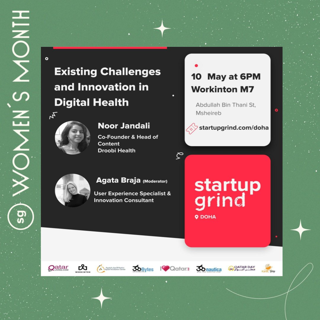 DohaGrind's tweet photo. HAPPENING TOMORROW!!!

Join Us as we get into an exclusive fireside chat with Noor Jandali and Agata Braja as they address the existing challenges and accelerate innovation in digital health.

#startupgrind #sgwomen #wgoqatar #qatarstartups #digitalhealth https://t.co/IndTyXOP1L