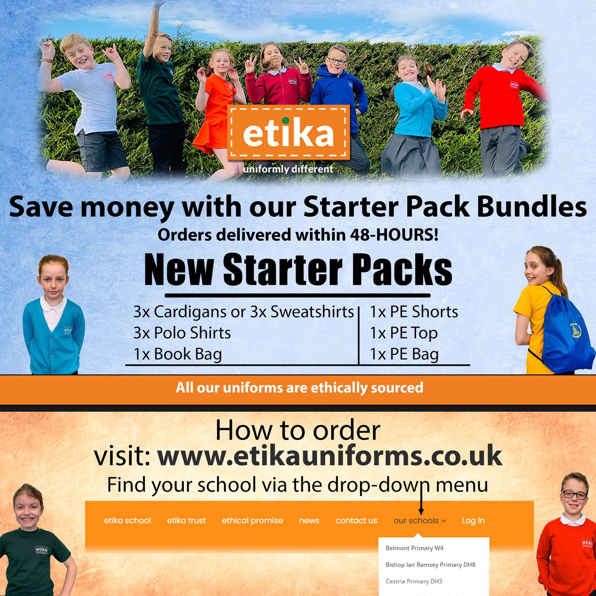 etikaUniforms's tweet photo. We have amazing new starter packs of ethically produced primary school uniforms, and we deliver to your door within 48 hours!

Plus, you will save 10% over buying individually. 

Visit our website at: https://t.co/laBhSN6YKs
And see if your school offers etika brand uniforms! https://t.co/O4DRrouIFU