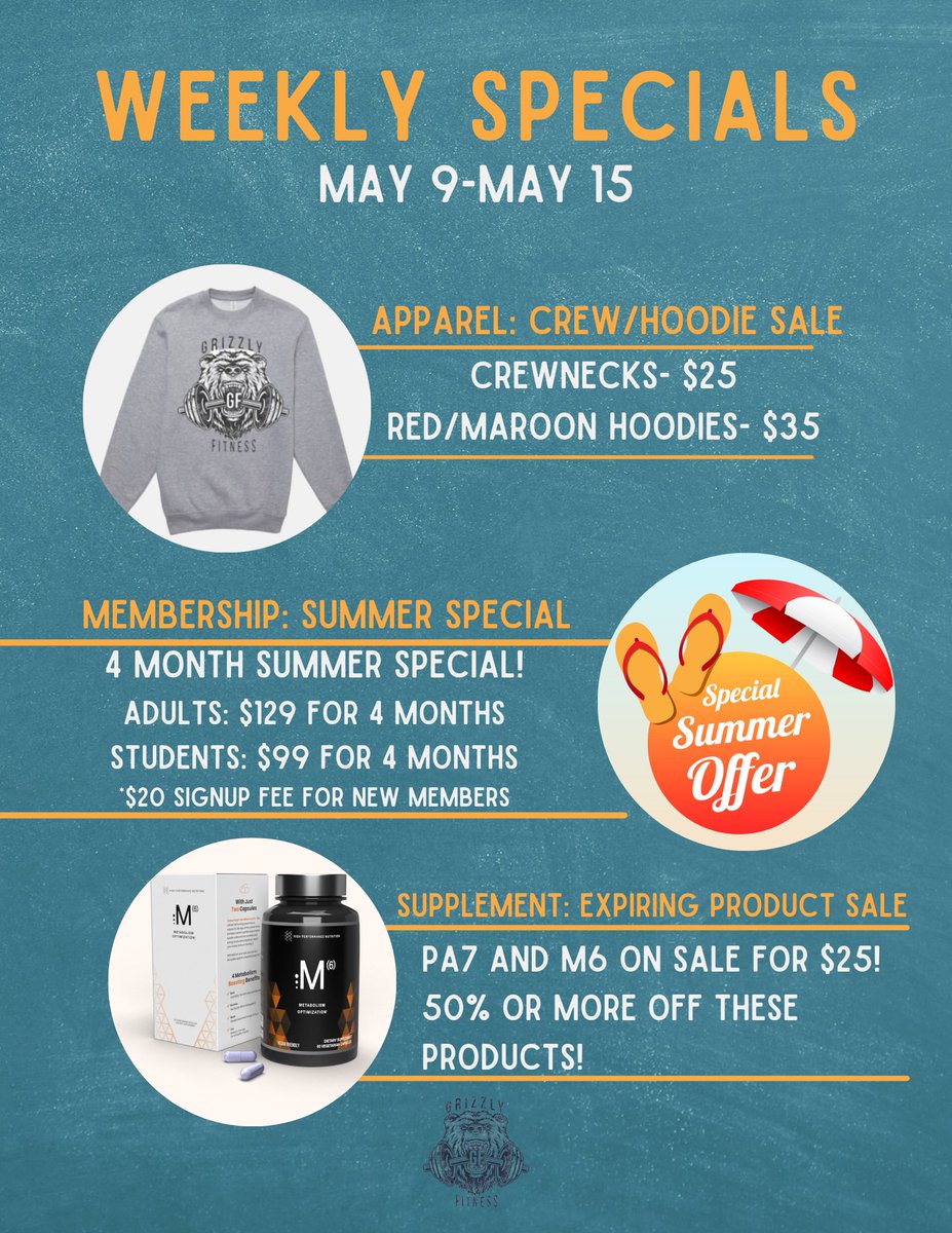 grizzly_fitness's tweet photo. Check out our specials for this week!

#GrizzFam⛓ https://t.co/JPDxUwabn3
