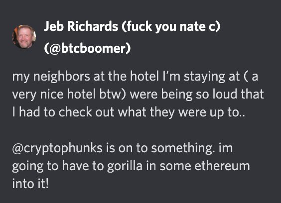theblindbutler's tweet photo. Due to his premature departure, we will start with a nice Jeb memorial. 
For those of you who were present, on June 14th Jeb was very euphoric about minting an ape and he was spending some time on vacation in a nice hotel. Suddenly he heard some noise from his neighbor's room https://t.co/b3EGBRsWzO